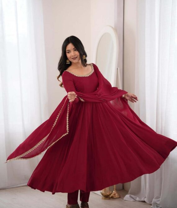 Premium Chanderi Anarkali Gown Set with Dupatta & Pant (Maroon)