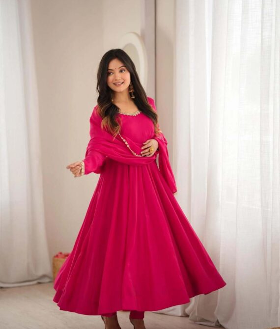 Premium Chanderi Anarkali Gown Set with Dupatta & Pant (Rani-Pink)