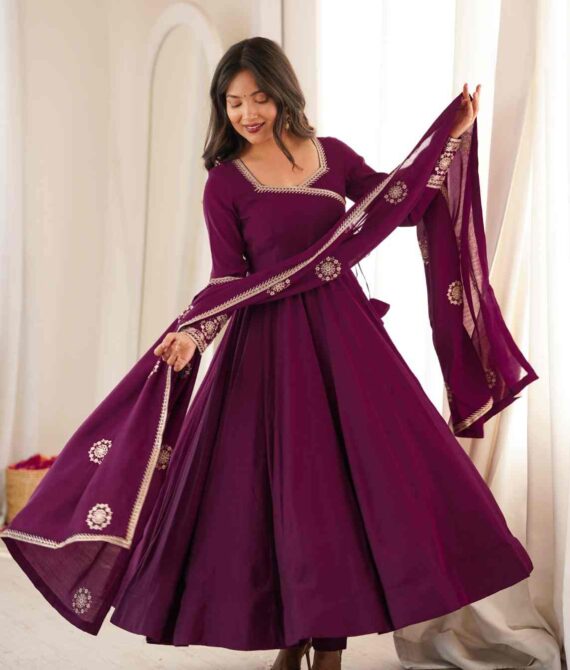 Premium Roman Chanderi Silk Angrakha Style Anarkali Set with Dupatta & Pant