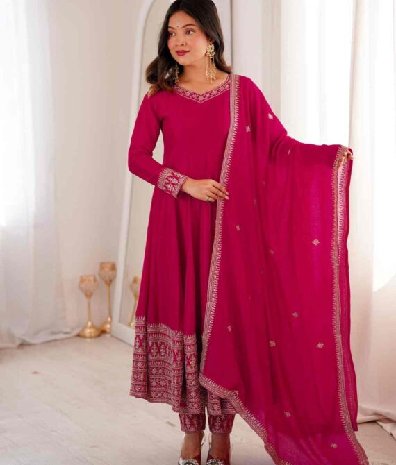 Premium Blooming Vichitra Silk Full Kali Anarkali Gown Set with Dupatta & Pant