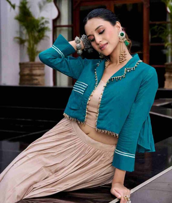 Chhabili Pure Cotton Kashida & Gamthi Work Lehenga Set with Purse