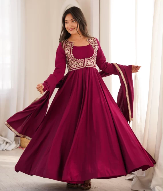 Premium Roman Chanderi Anarkali Gown with Jacket, Dupatta & Pant Set