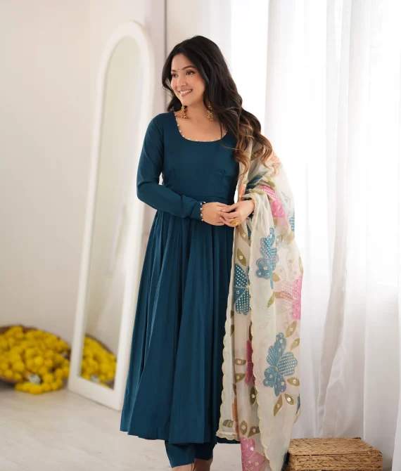 Premium Teal Blue Roman Silk Anarkali Gown with Fancy Dupatta & Pant Set
