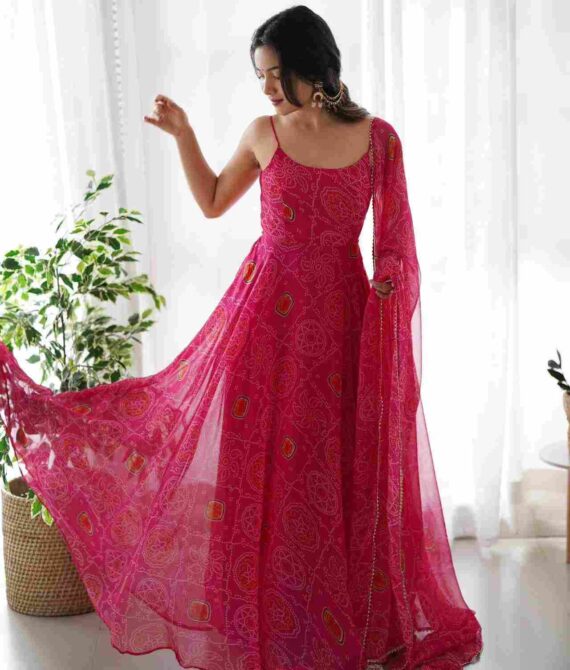 Designer Pure Soft Chiffon Bandhej Full-Flare Gown Set with Dupatta