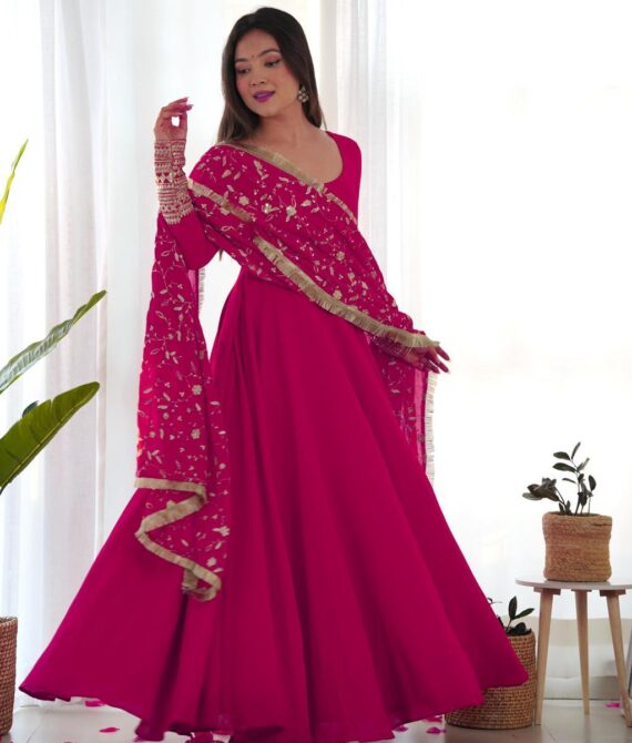 Premium Fox Georgette Anarkali Gown Set – Rani Pink