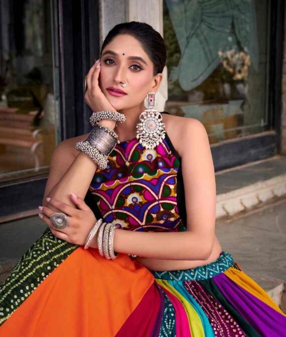 Elegant Navrang Multicolour Printed Rayon Lehenga with Mirror Work Blouse