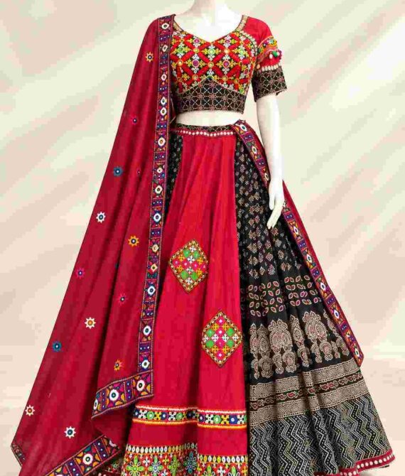 Elegant Red and Black Traditional Lehenga Choli with Embroidered Dupatta