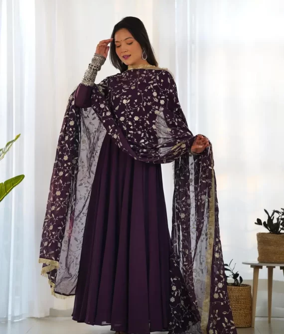 Premium Fox Georgette Anarkali Gown Set – Deep Purple