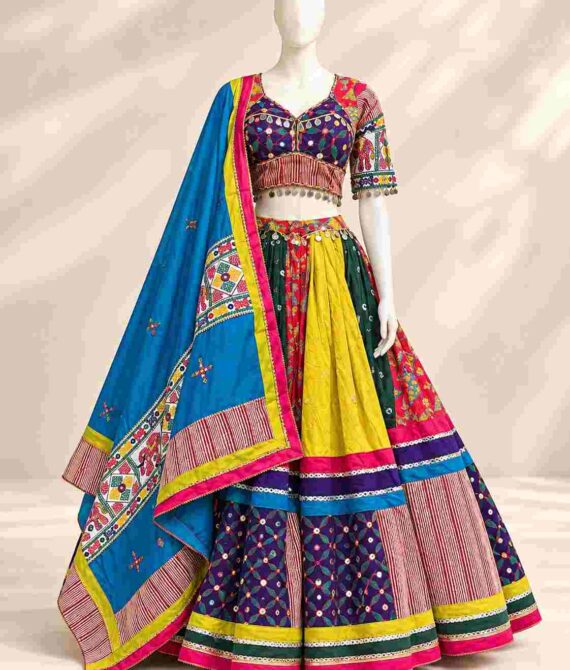 Elegant Multicolour Gujarati Lehenga Choli with Turquoise Dupatta