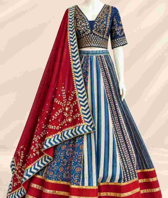 Elegant Navy Blue and Maroon Printed Lehenga Choli with Embroidered Dupatta